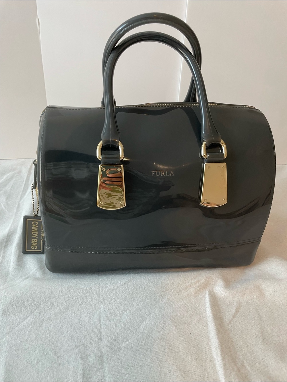 Furla Candy Bag Gray Patent Satchel Top Handle Zip Closure Lock Charm Gold